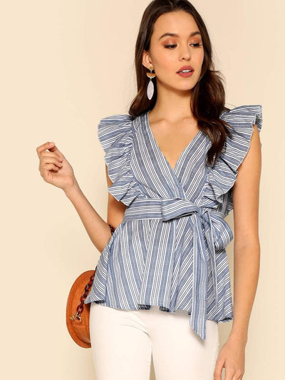 Ruffle<b style="color:White;"><font size="1"> -</font></b>Detail Belted Striped Top