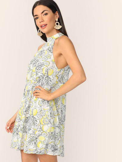 Knot<b style="color:White;"><font size="1"> -</font></b>Back<b style="color:White;"><font size="1"> -</font></b>Lemon Print Trapeze Dress