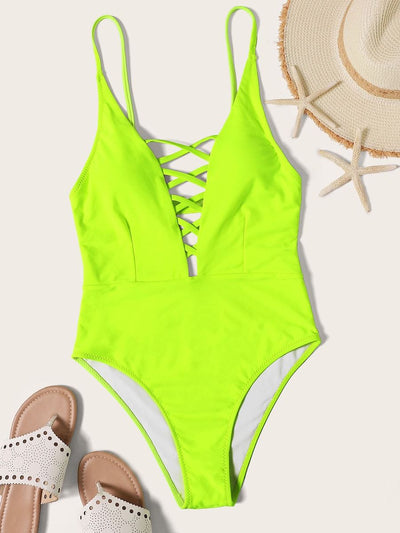 Neon<b style="color:White;"><font size="1"> -</font></b>Criss Cross Plunging One Piece Swimsuit