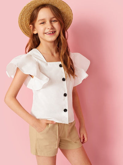 Girls<b style="color:White;"><font size="1"> -</font></b>Ruffle<b style="color:White;"><font size="1"> -</font></b>Armhole Button Up Blouse