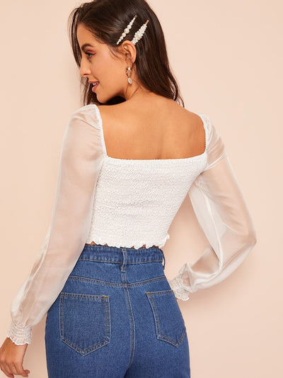 Organza<b style="color:White;"><font size="1"> -</font></b>Sleeve Shirred Frill Crop Top