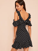 Ruffle<b style="color:White;"><font size="1"> -</font></b>Cold<b style="color:White;"><font size="1"> -</font></b>Shoulder Polka Dot Dress