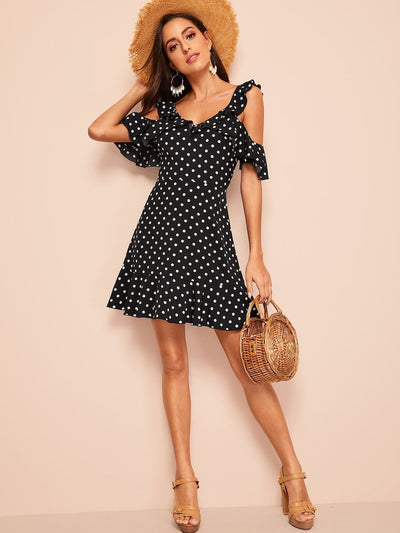 Ruffle<b style="color:White;"><font size="1"> -</font></b>Cold<b style="color:White;"><font size="1"> -</font></b>Shoulder Polka Dot Dress