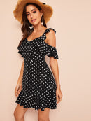 Ruffle<b style="color:White;"><font size="1"> -</font></b>Cold<b style="color:White;"><font size="1"> -</font></b>Shoulder Polka Dot Dress