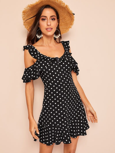 Ruffle<b style="color:White;"><font size="1"> -</font></b>Cold<b style="color:White;"><font size="1"> -</font></b>Shoulder Polka Dot Dress