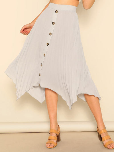 Button<b style="color:White;"><font size="1"> -</font></b>Front<b style="color:White;"><font size="1"> -</font></b>Hanky Hem Pleated Skirt