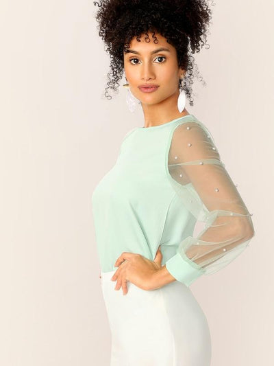 Pearl<b style="color:White;"><font size="1"> -</font></b>Beaded<b style="color:White;"><font size="1"> -</font></b>Sheer Mesh Sleeve Top