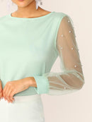 Pearl<b style="color:White;"><font size="1"> -</font></b>Beaded<b style="color:White;"><font size="1"> -</font></b>Sheer Mesh Sleeve Top