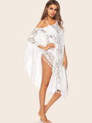 Lace<b style="color:White;"><font size="1"> -</font></b>Asymmetrical<b style="color:White;"><font size="1"> -</font></b>Fringe Hem Sheer Cover Up