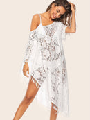 Lace<b style="color:White;"><font size="1"> -</font></b>Asymmetrical<b style="color:White;"><font size="1"> -</font></b>Fringe Hem Sheer Cover Up