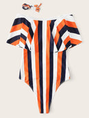 Striped<b style="color:White;"><font size="1"> -</font></b>Flounce<b style="color:White;"><font size="1"> -</font></b>Bardot One Piece Swimsuit