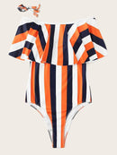 Striped<b style="color:White;"><font size="1"> -</font></b>Flounce<b style="color:White;"><font size="1"> -</font></b>Bardot One Piece Swimsuit