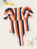 Striped<b style="color:White;"><font size="1"> -</font></b>Flounce<b style="color:White;"><font size="1"> -</font></b>Bardot One Piece Swimsuit