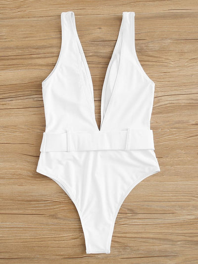 Double<b style="color:White;"><font size="1"> -</font></b>V<b style="color:White;"><font size="1"> -</font></b>Neck Belted One Piece Swimsuit