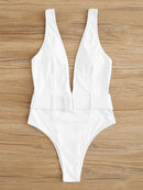 Double<b style="color:White;"><font size="1"> -</font></b>V<b style="color:White;"><font size="1"> -</font></b>Neck Belted One Piece Swimsuit