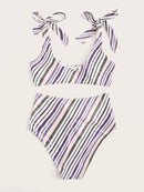 Striped<b style="color:White;"><font size="1"> -</font></b>Tie<b style="color:White;"><font size="1"> -</font></b>Shoulder<b style="color:White;"><font size="1"> -</font></b>Top With High Waist Bikini