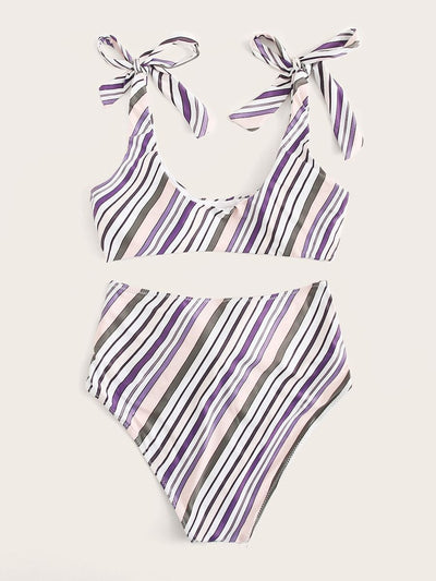 Striped<b style="color:White;"><font size="1"> -</font></b>Tie<b style="color:White;"><font size="1"> -</font></b>Shoulder<b style="color:White;"><font size="1"> -</font></b>Top With High Waist Bikini