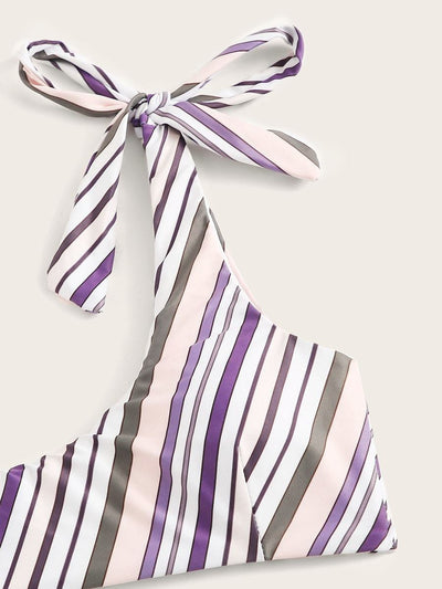 Striped<b style="color:White;"><font size="1"> -</font></b>Tie<b style="color:White;"><font size="1"> -</font></b>Shoulder<b style="color:White;"><font size="1"> -</font></b>Top With High Waist Bikini