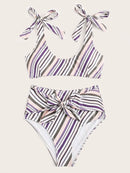 Striped<b style="color:White;"><font size="1"> -</font></b>Tie<b style="color:White;"><font size="1"> -</font></b>Shoulder<b style="color:White;"><font size="1"> -</font></b>Top With High Waist Bikini