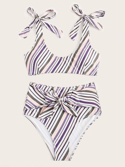 Striped<b style="color:White;"><font size="1"> -</font></b>Tie<b style="color:White;"><font size="1"> -</font></b>Shoulder<b style="color:White;"><font size="1"> -</font></b>Top With High Waist Bikini
