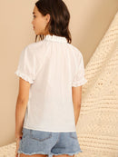 Tie<b style="color:White;"><font size="1"> -</font></b>Neck<b style="color:White;"><font size="1"> -</font></b>Flower Embroidered Puff Sleeve Top