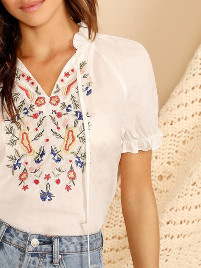 Tie<b style="color:White;"><font size="1"> -</font></b>Neck<b style="color:White;"><font size="1"> -</font></b>Flower Embroidered Puff Sleeve Top