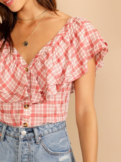 Layered<b style="color:White;"><font size="1"> -</font></b>Ruffle Trim Plaid Blouse