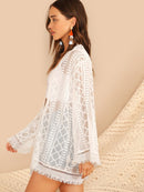 Fringe<b style="color:White;"><font size="1"> -</font></b>Lace<b style="color:White;"><font size="1"> -</font></b>Trim<b style="color:White;"><font size="1"> -</font></b>Geo Embroidered Sheer Mesh Kimono