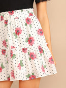 Drawstring<b style="color:White;"><font size="1"> -</font></b>Waist<b style="color:White;"><font size="1"> -</font></b>Polka Dot Floral Skirt