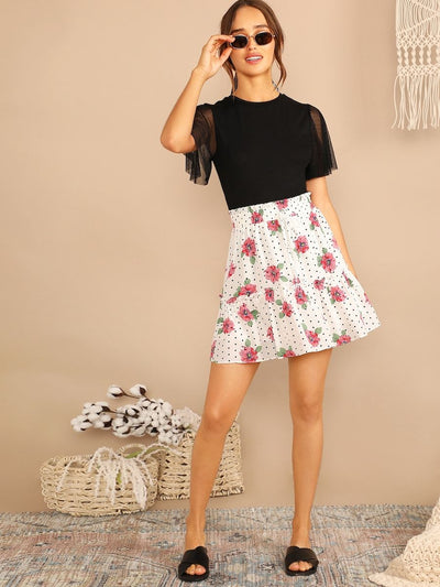 Drawstring<b style="color:White;"><font size="1"> -</font></b>Waist<b style="color:White;"><font size="1"> -</font></b>Polka Dot Floral Skirt