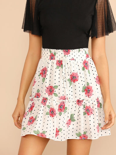 Drawstring<b style="color:White;"><font size="1"> -</font></b>Waist<b style="color:White;"><font size="1"> -</font></b>Polka Dot Floral Skirt