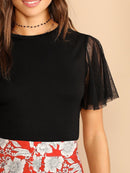 Jacquard<b style="color:White;"><font size="1"> -</font></b>Mesh<b style="color:White;"><font size="1"> -</font></b>Ruffle Sleeve Slim Tee