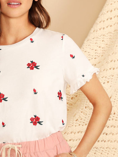 Embroidery<b style="color:White;"><font size="1"> -</font></b>Floral Ruffle Cuff Tee