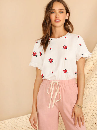 Embroidery<b style="color:White;"><font size="1"> -</font></b>Floral Ruffle Cuff Tee