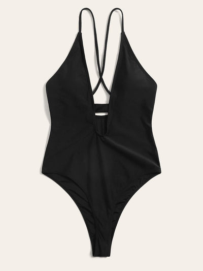 Crisscross<b style="color:White;"><font size="1"> -</font></b>Back<b style="color:White;"><font size="1"> -</font></b>Plunge Neck One Piece Swimsuit