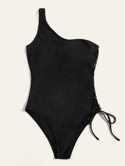 One<b style="color:White;"><font size="1"> -</font></b>Shoulder<b style="color:White;"><font size="1"> -</font></b>Lace-up side One Piece Swimsuit