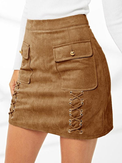 Lace<b style="color:White;"><font size="1"> -</font></b>Up<b style="color:White;"><font size="1"> -</font></b>Detail Flap Pocket Suede Skirt