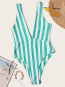 Plunging<b style="color:White;"><font size="1"> -</font></b>Neck<b style="color:White;"><font size="1"> -</font></b>Striped One Piece Swimsuit