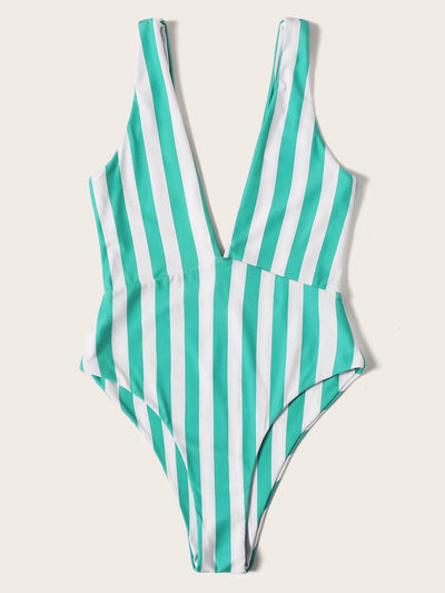 Plunging<b style="color:White;"><font size="1"> -</font></b>Neck<b style="color:White;"><font size="1"> -</font></b>Striped One Piece Swimsuit