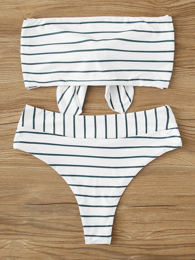 Striped<b style="color:White;"><font size="1"> -</font></b>Tie<b style="color:White;"><font size="1"> -</font></b>Front<b style="color:White;"><font size="1"> -</font></b>Bandeau With High Waist Bikini Set