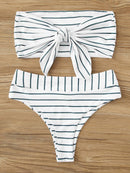 Striped<b style="color:White;"><font size="1"> -</font></b>Tie<b style="color:White;"><font size="1"> -</font></b>Front<b style="color:White;"><font size="1"> -</font></b>Bandeau With High Waist Bikini Set