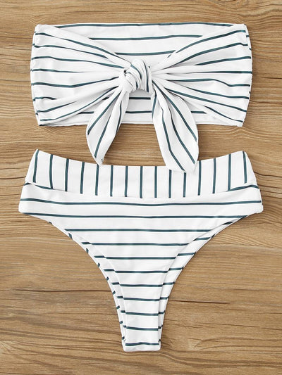 Striped<b style="color:White;"><font size="1"> -</font></b>Tie<b style="color:White;"><font size="1"> -</font></b>Front<b style="color:White;"><font size="1"> -</font></b>Bandeau With High Waist Bikini Set