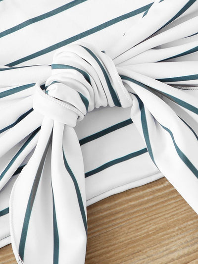 Striped<b style="color:White;"><font size="1"> -</font></b>Tie<b style="color:White;"><font size="1"> -</font></b>Front<b style="color:White;"><font size="1"> -</font></b>Bandeau With High Waist Bikini Set