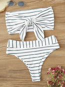 Striped<b style="color:White;"><font size="1"> -</font></b>Tie<b style="color:White;"><font size="1"> -</font></b>Front<b style="color:White;"><font size="1"> -</font></b>Bandeau With High Waist Bikini Set