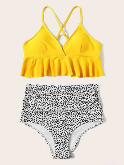 Peplum<b style="color:White;"><font size="1"> -</font></b>Top<b style="color:White;"><font size="1"> -</font></b>With<b style="color:White;"><font size="1"> -</font></b>Leopard Ruched High Waist Bikini Set