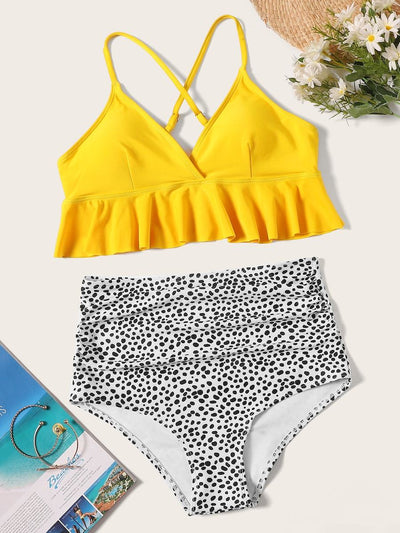Peplum<b style="color:White;"><font size="1"> -</font></b>Top<b style="color:White;"><font size="1"> -</font></b>With<b style="color:White;"><font size="1"> -</font></b>Leopard Ruched High Waist Bikini Set