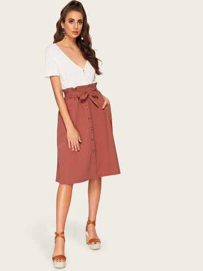 Button<b style="color:White;"><font size="1"> -</font></b>Through<b style="color:White;"><font size="1"> -</font></b>Dual Pocket Belted Paperbag Skirt