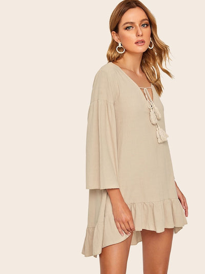 Tassel<b style="color:White;"><font size="1"> -</font></b>Knot<b style="color:White;"><font size="1"> -</font></b>Ruffle Dip Hem Dress