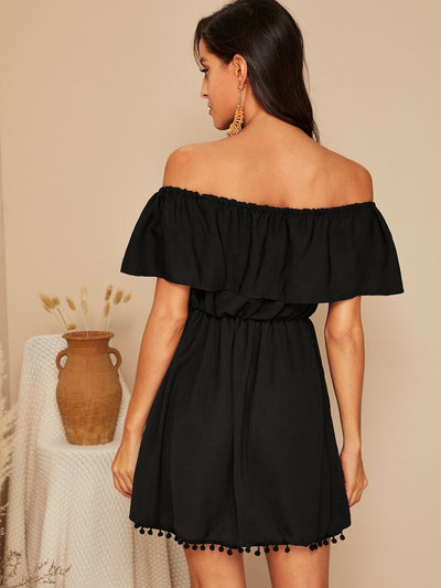 Flounce<b style="color:White;"><font size="1"> -</font></b>Off Shoulder Pom Pom Hem Dress