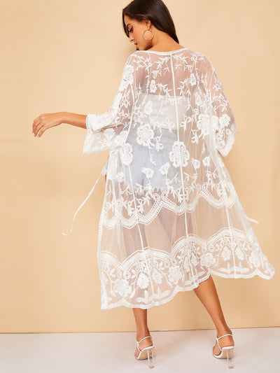 Floral<b style="color:White;"><font size="1"> -</font></b>Pattern Sheer Kimono